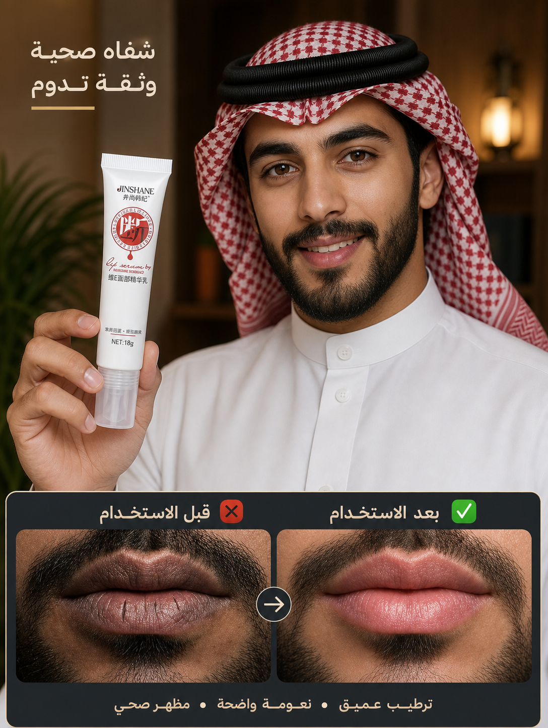 رجل سعودي يستخدم كريم تفتيح الشفاه من Cosmarab